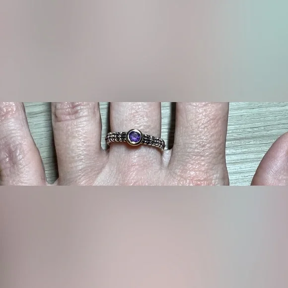 Vintage Designer Signed P Sterling Silver & 14K Gold Amethyst Ring, Size 7